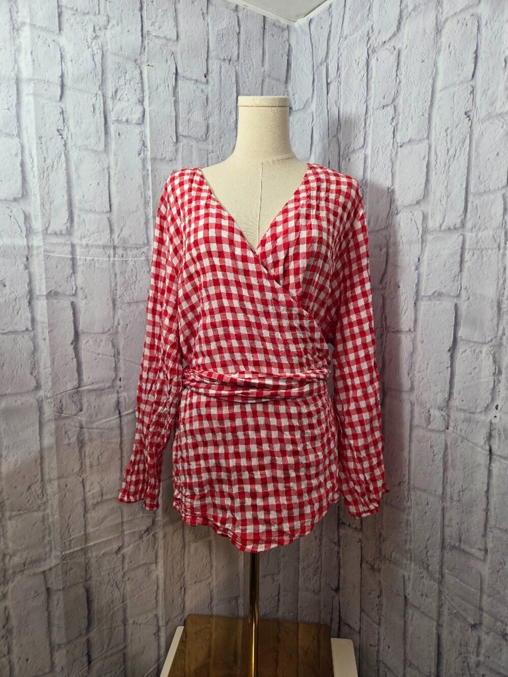 Lane Bryant 26/28 Red White Gingham V Neck Longsleeve Wrap Tie Summer Blouse